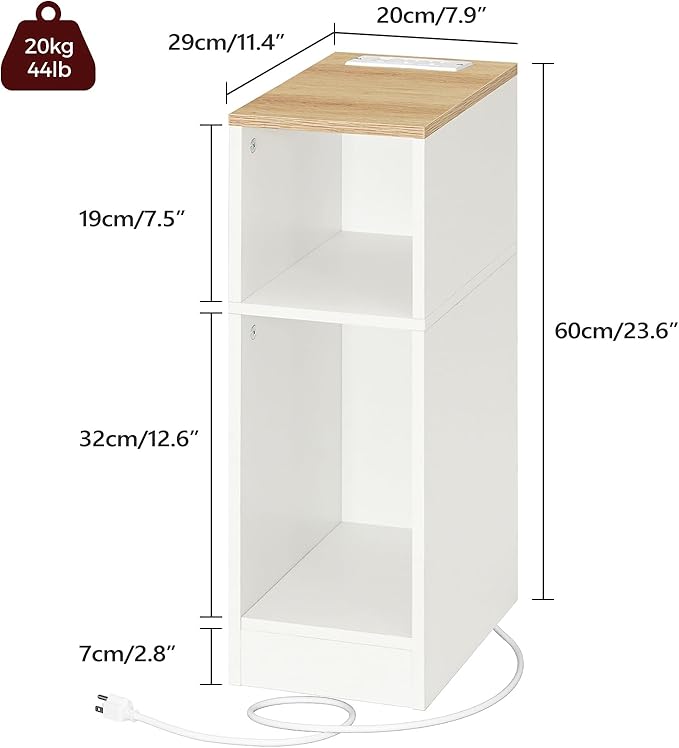 Narrow Nightstand, Slim End Table with Charging Station and LED Sensor Light, Modern Side Table, Bedside Table, for Small Spaces, Living Room, Bedroom, Natural and White ETNW30E01