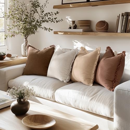 MIULEE Fall Linen Fringe Pillow Covers Set of 4 18x18 Beige/Brown - Image 4