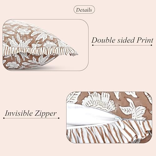 Ridhi Block Print Oak Brown Ruffle Lumbar Pillow Shams - Image 2