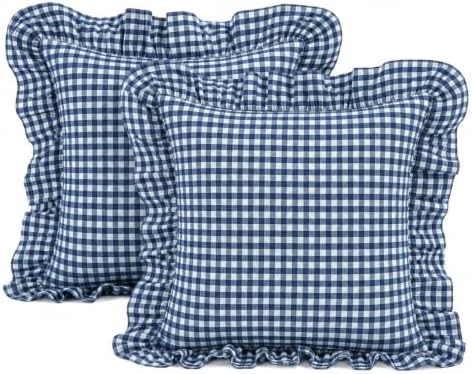 Gingham Throw Pillow Covers 22x22, Ruffle Trim by Jilboo