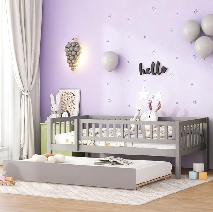 Bellemave Twin Kids Bed Frames with Rails for Kids, Twin daybed with Trundle for Boys/Girls/Adults，Gray