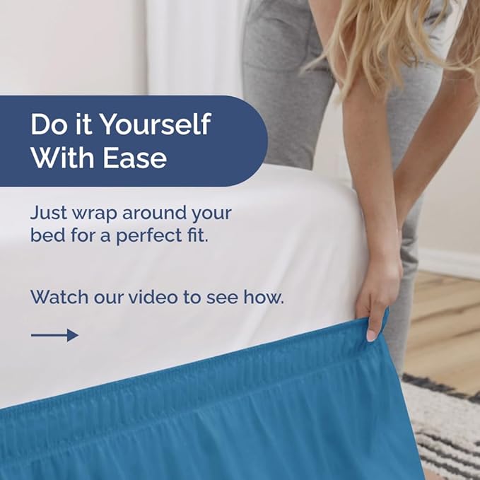 Wrap Around Dust Ruffle Bed Skirt - Denim Blue - for Queen Size Beds with 24 Inch Drop - Elastic Strap - Adjustable Pleated Bedskirt with Brushed Fabric and Wrinkle Free - For Women, Men, Kids & Teens