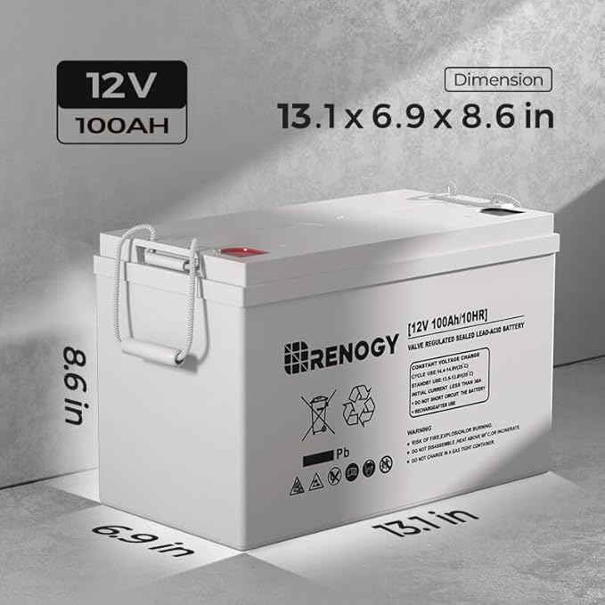 Renogy Deep Cycle AGM 12 Volt 100Ah Battery, 3% Self-Discharge Rate, 1100A Max Discharge Current, Safe Charge Appliances for RV, Camping, Cabin, Marine and Off-Grid System, Maintenance-Free