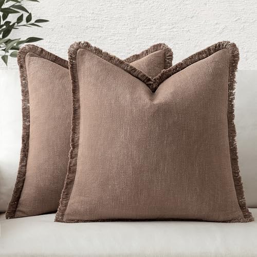 MIULEE Linen Fringe Decorative Fall Throw Pillow Covers Dark Coffee 20x20 by MIULEE