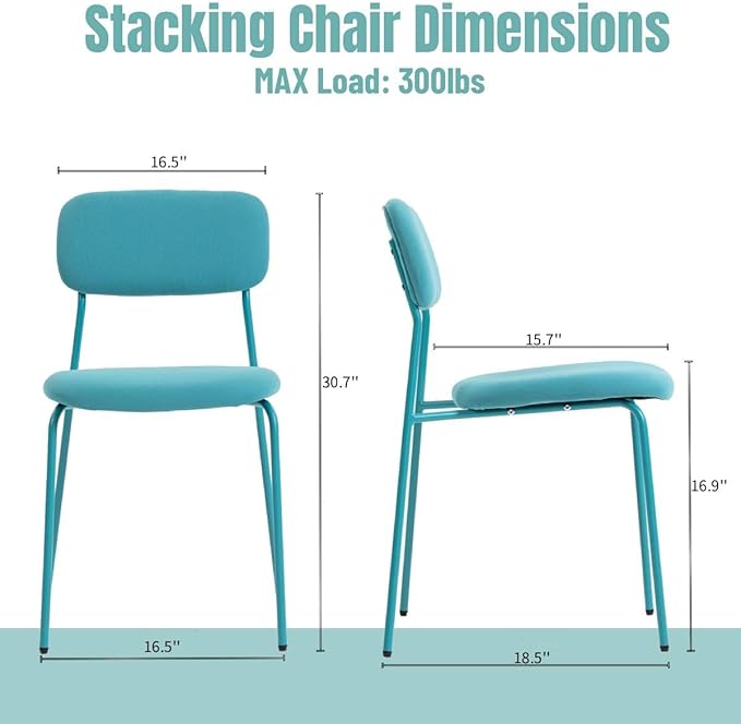 Stackable Dining Chairs Set of 4, Stack Chair with Padded Seat & Back, 4-Pack Indoor Stacking Chairs for Waiting Room, Classroom, Church, Lobby and Restaurant, Blue.