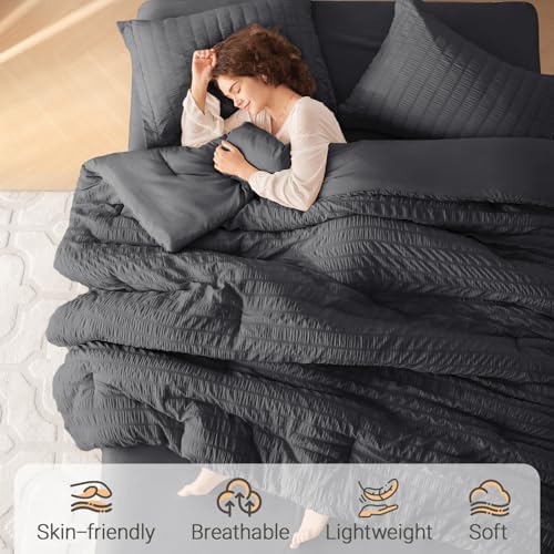 MUXHOMO 7 Pieces Oversized King Comforter Set, Seersucker Bed in a Bag - Image 2