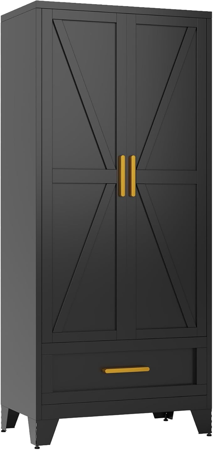 COFaR 71 Farmhouse Metal Wardrobe Closet with Hanging Rod, 2 Barn Doors, Adjustable Shelves, Steel Armoire with Drawer for Home, Bedroom Black