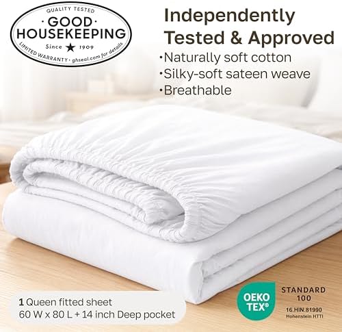 Soft Natural 100% Cotton Sateen Queen Size Fitted Sheet, Dark Grey - Image 3