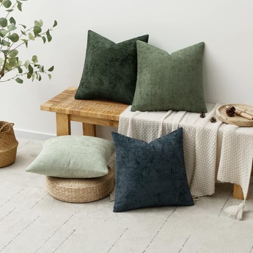 MIULEE Soft Decorative Chenille Pillow Covers Green Navy 18x18 Pack of 4 - Image 4