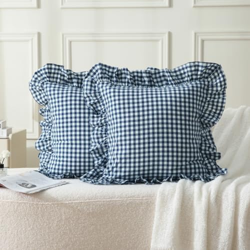 Silnuo Navy Blue/White Gingham Plaid Ruffle Throw Pillow Covers 20"x20" - Image 2