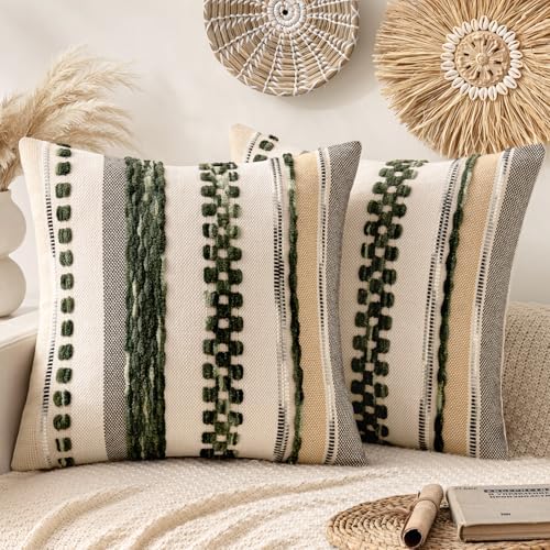 ANRODUO Boho Decorative Pillow Covers 18x18 Dark Green Stripe Pack of 2 by ANRODUO