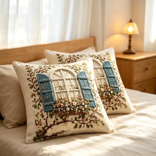 2D Flat French Arch Window Floral Linen Throw Pillow Covers 18x18 Set of 2 - Image 3