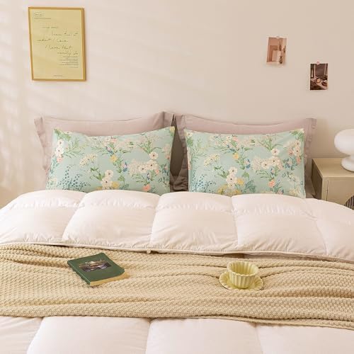 ECOCOTT Sage Green Floral Pillowcases Queen Size Set of 2, 100% Washed Cotton - Image 6
