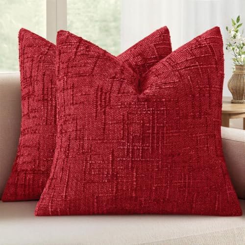 MIULEE Chenille Textured Throw Pillow Covers Red 16x16 Set of 2 by MIULEE