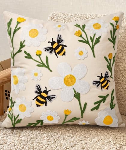 Embroidered Throw Pillow Cover 20x20 Inch, Flower Bee by Kokaaee