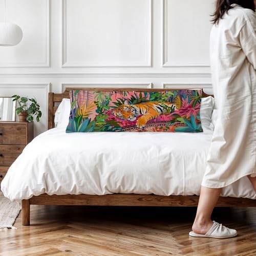 Maximalist Tiger Body Pillow Covers 20x54, Preppy Room Decor, Tropical Trendy - Image 2