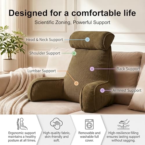 Bed Rest Reading Pillow with Arms & Detachable Headrest, Corduroy Backrest - Image 3
