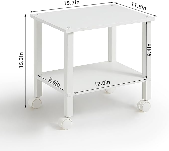 2 Tier Printer Stand with Storage,Under Desk Shelf Printer Table, Rolling Printer Cart for Office,Home,White