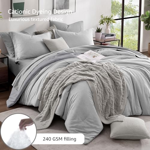Monbix Queen Comforter Set 7 Pieces Light Grey Cationic Dyeing Bed in a Bag - Image 3