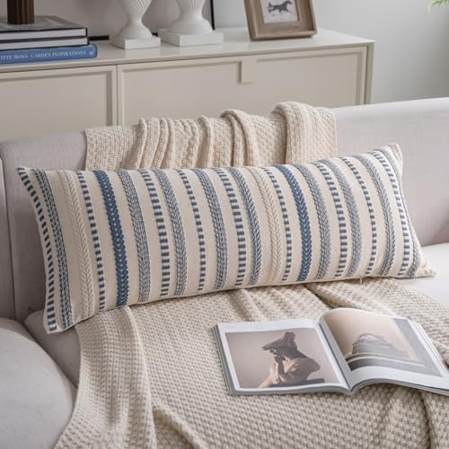 Cethom Blue Boho Lumbar Pillow Covers 14x36 Long, Stripe Textured Decorative by Cethom