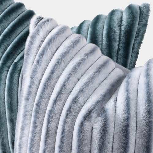 decorUhome Fall Faux Fur Throw Pillow Covers 12x20 Set of 2 Grey White - Image 2