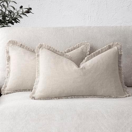 Foindtower Boho Linen Fringe Lumbar Throw Pillow Covers 12×24 Natural Beige by Foindtower