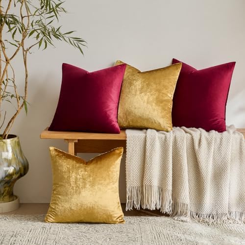 GIGIZAZA Pack of 4 Decorative Velvet Pillow Covers 20x20 Burgundy Gold - Image 7