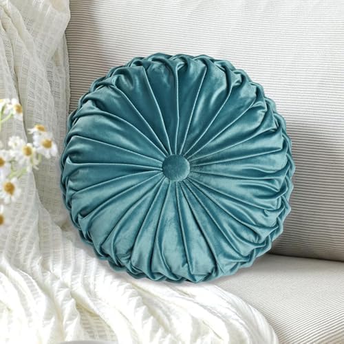 HIG Set of 2 Teal Velvet Decorative Round Pleated Throw Pillows - Image 2