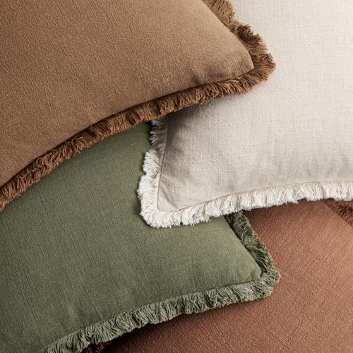 MIULEE Fall Linen Fringe Pillow Covers Set of 4 20x20 Beige/Brown/Green - Image 6
