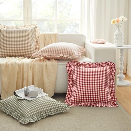 KKJIAF 2 Pcs Ruffle Gingham Pillow Covers 18" x 18" - Image 4