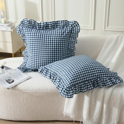 Silnuo Navy Blue/White Gingham Plaid Ruffle Throw Pillow Covers 20"x20" by Silnuo