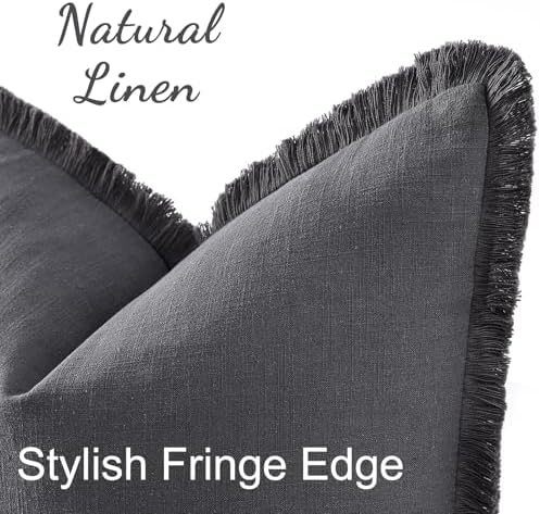 decorUhome Linen Fringe Dark Grey Throw Pillow Covers 12x20 Set of 2 - Image 2
