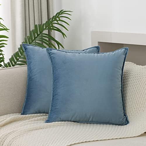 Velvet Stone Blue Throw Pillow Covers 16”x16”Pack of 2 Soft Decorative by JIAHANNHA