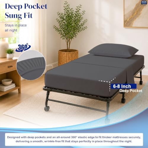 Cottingon 4 PC Cot Sheet Set 25"X75", Egyptian Cotton, Dark Grey - Image 5