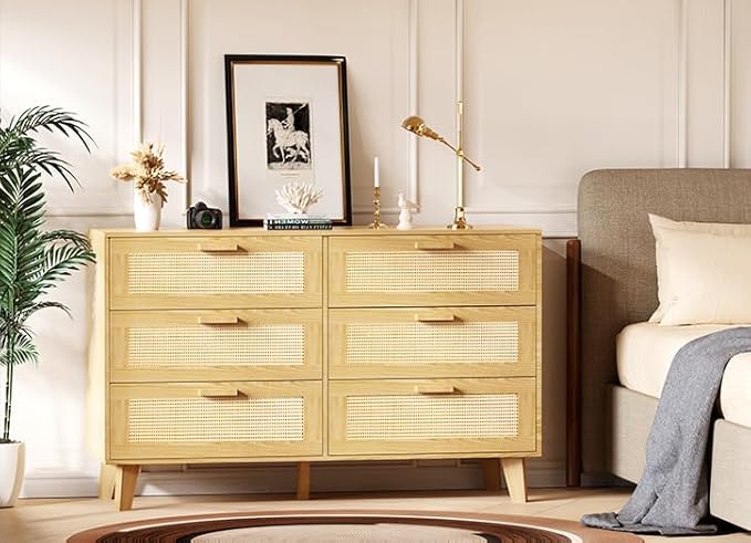 Wide Rattan Dresser, 6 Drawer Dressers Bedroom Furniture Large Storage Tower Unit, Dresser for Bedroom, Closet,Hallway, Walnut
