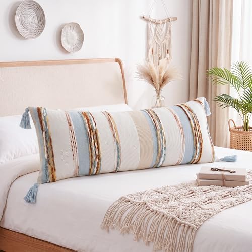 PANOD Boho Long Lumbar Throw Pillow Cover 16 x 36 Blue Brown, Chenille Morocan - Image 5