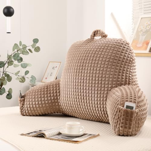 Reading Pillow with Arms for Bed Sitting, Khaki Flannel by PAJEO