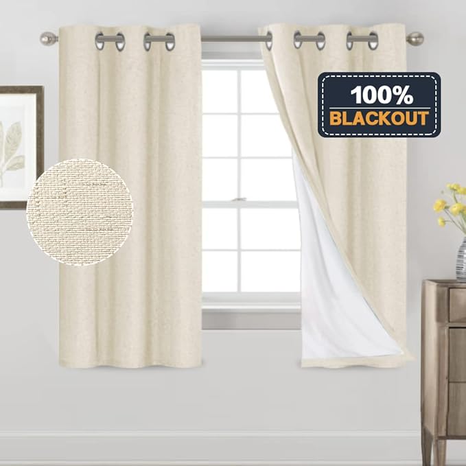 PrinceDeco Linen Texture Curtains 100% Blackout Curtains 64 inch Long 2 Panels Set Full Blackout Linen Curtains with Thermal Insulated Liner Noise Reducing, 42" Wide,64" Length,Bleached Sand