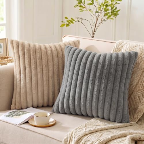 Set of 2 Decorative Throw Pillow Covers 20x20 Faux Fur Dark Gray - Image 5