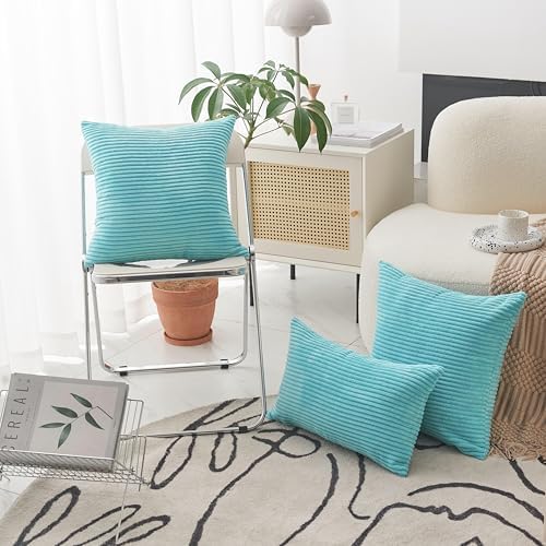 Home Brilliant Turquoise Pillow Covers Striped Corduroy Plush Texture Velvet - Image 2