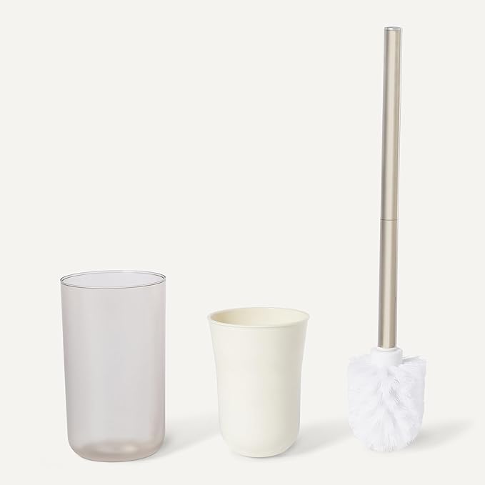 Amazon Basics 6 Pieces Bath Coordinate Set with Toothbrush Holder, Soap Dispenser and Soap Dish, Toothbrush Cup, Trash Can and Toilet Brush & Holder, Ivory