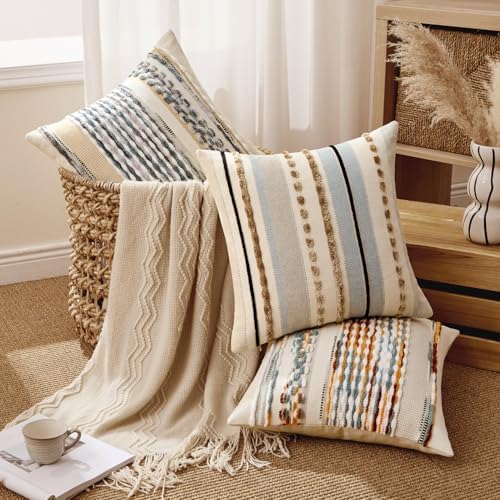 ANRODUO Boho Decorative Throw Pillow Covers Brown Stripe 20x20 Pack of 2 - Image 3