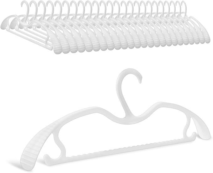 24 Pack Upgraded Short Neck Vertical Space Saver Hangers Heavy Duty Wide Shoulder Clothes Hangers Built-in Dual Hooks Wave Pattern Non-Slip Plastic Hangers for Coats Suits Dresses Pants - White