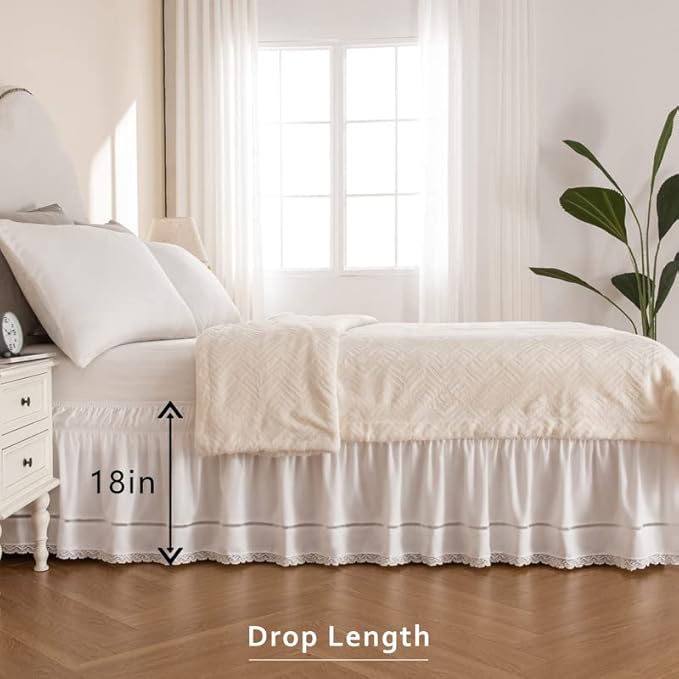 MIYE Wrap Around Ruffled Lace Bed Skirt, Elastic Dust Ruffle with Adjustable Belts, Easy to Put On, Bed Frame Cover, Machine Washable (Floral Lace/White, King/Queen-18 Drop)