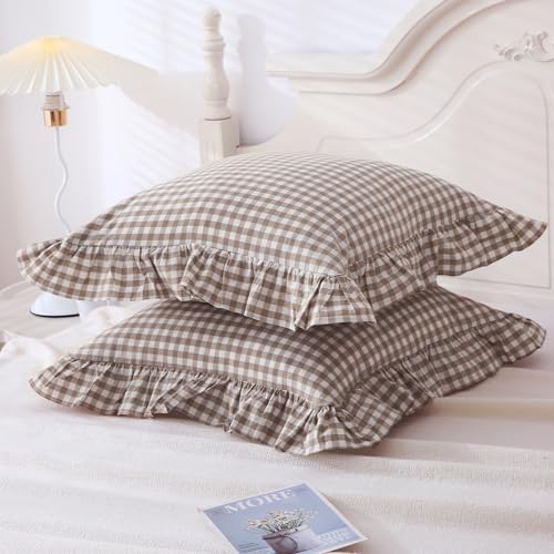 Mywinlle Taupe Plaid Gingham Ruffle Euro Shams 26"x26" - Image 3