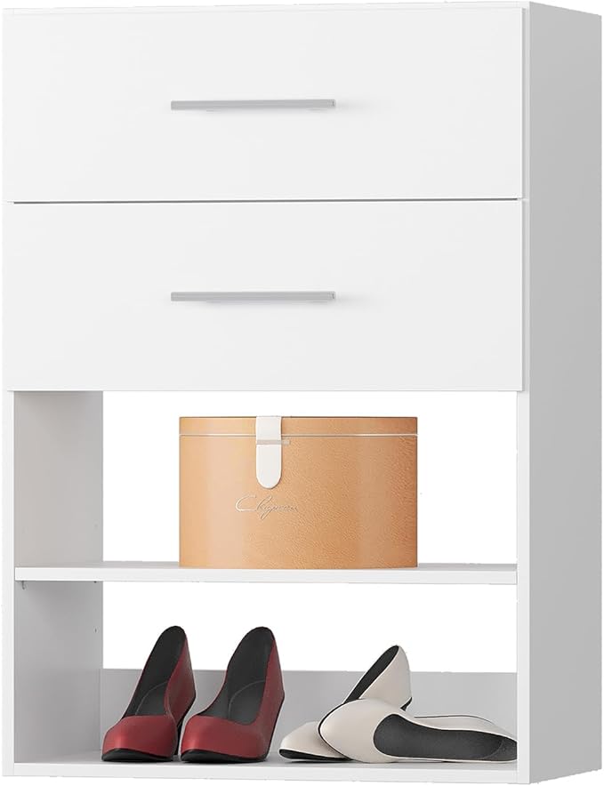 2 Drawer Short Tower Closet Unit, Modular Closet System, Wood Closet System Organizer with Storage for Walk In Closets, Clothing Rack Closet for Hanging Clothes, Bedroom, White, 19.5"W