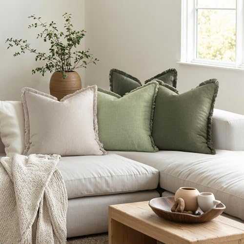 MIULEE Fall Linen Fringe Pillow Covers Set of 4 22x22 Beige/Sage Green - Image 4