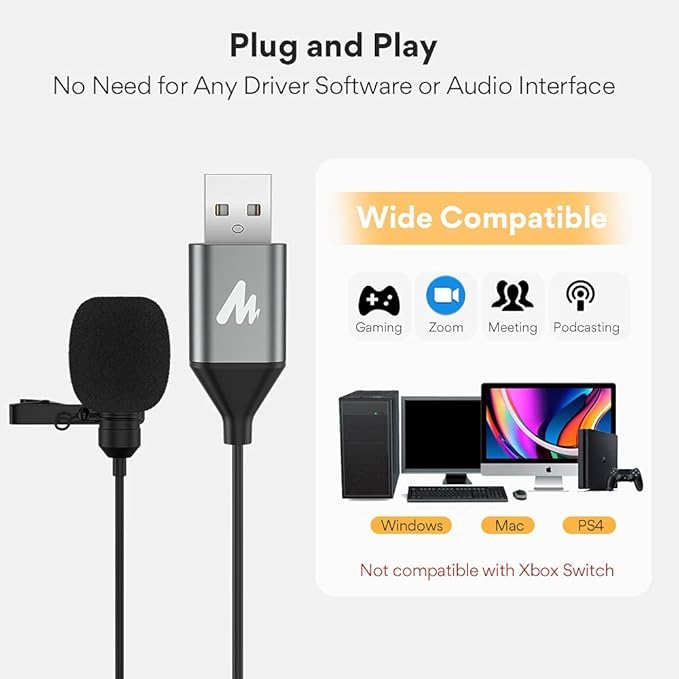 MAONO USB Lavalier Microphone, 192KHZ/24BIT Plug & Play Omnidirectional Lapel Shirt Collar Clip on Mic for PC, Computer, Mac, Laptop, YouTube, Skype, Recording, Podcasting, Gaming, AU-UL10