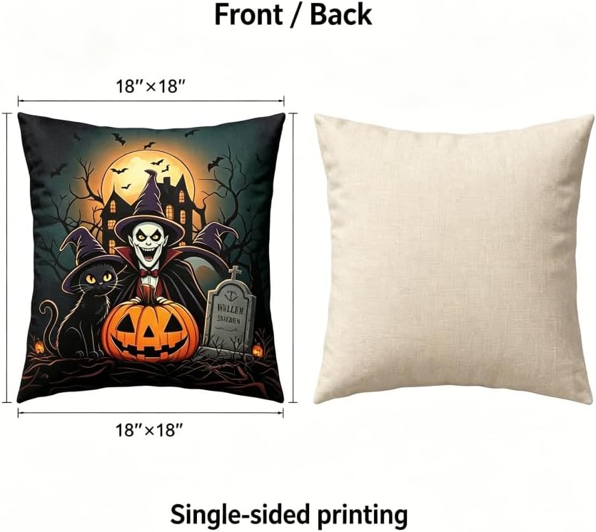 Halloween Throw Pillow Covers, Vampire and Black Cat Spooky Design, 18x18 Inch - Image 5