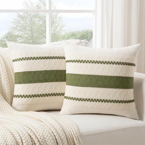 Fancy Homi Set of 2 Boho Moss Green Decorative Throw Pillow Cover 22x22 Inch by Fancy+Homi